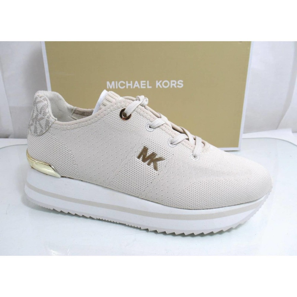 Michael Kors Monique Trainer Lace Up Sneaker MK Logo Stretch Knit Cream Size 7.5